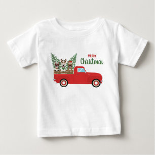 Merry Christmas French Bulldogs Red Pickup Truck Baby T-Shirt