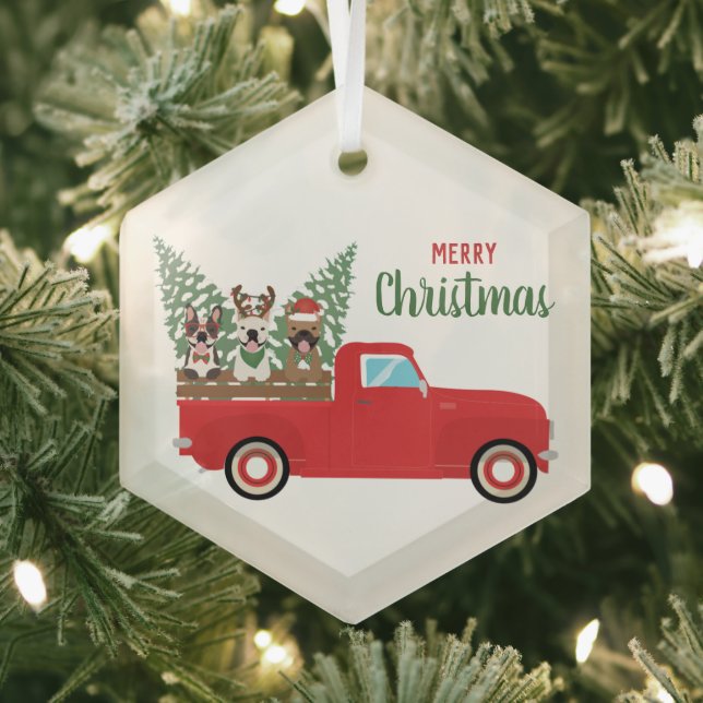 Merry Christmas French Bulldogs Red Pickup Truck Glass Ornament (Insitu)