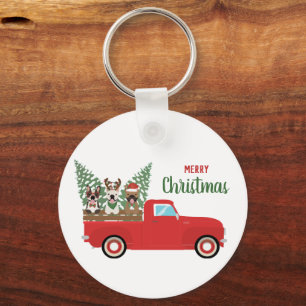 Merry Christmas French Bulldogs Red Pickup Truck Keychain
