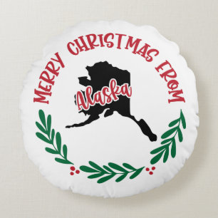 Merry Christmas From Alaska USA Red Green White Round Pillow