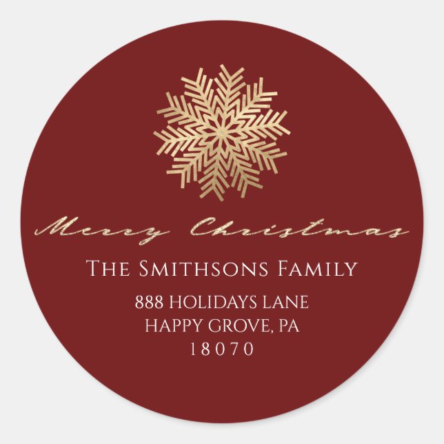 Merry Christmas From Burgundy Gold RSVP Snowflake Classic Round Sticker (Front)