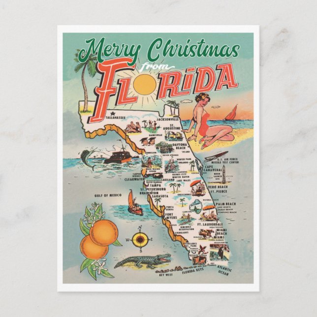 Merry Christmas from Florida vintage map Postcard (Front)