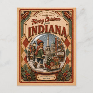 Merry Christmas from Indiana Vintage Snow Globe Holiday Postcard