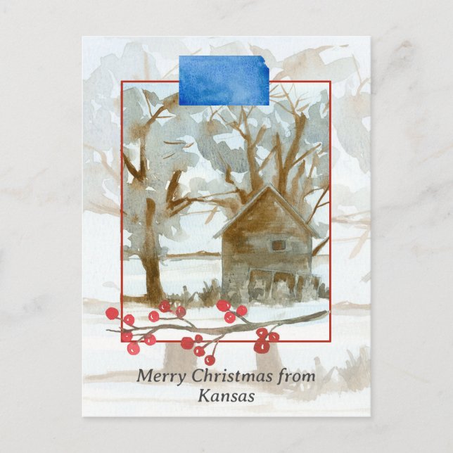 Merry Christmas from Kansas Winter Cabin Landscape Postcard (Front)