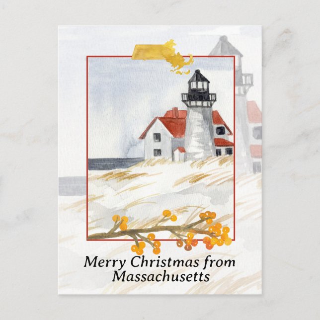 Merry Christmas from Massachusetts Lighthouse Snow Holiday Postcard (Front)