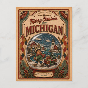Merry Christmas from Michigan Vintage Snow Globe Holiday Postcard