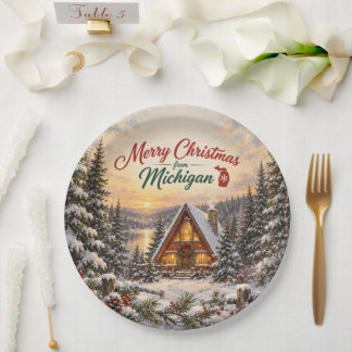 Merry Christmas from Michigan Winter Cabin Paper Plate