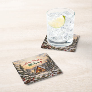 Merry Christmas from Michigan Winter Cabin Square Paper Coaster