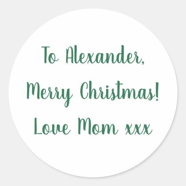 Merry Christmas from Mom green minimal Classic Round Sticker (Front)