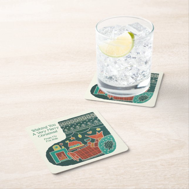 Merry Christmas from My Fox Hole! Square Paper Coaster (Insitu)