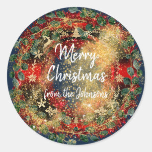 Merry Christmas From Name Reindeer NavyGold Wreath Classic Round Sticker
