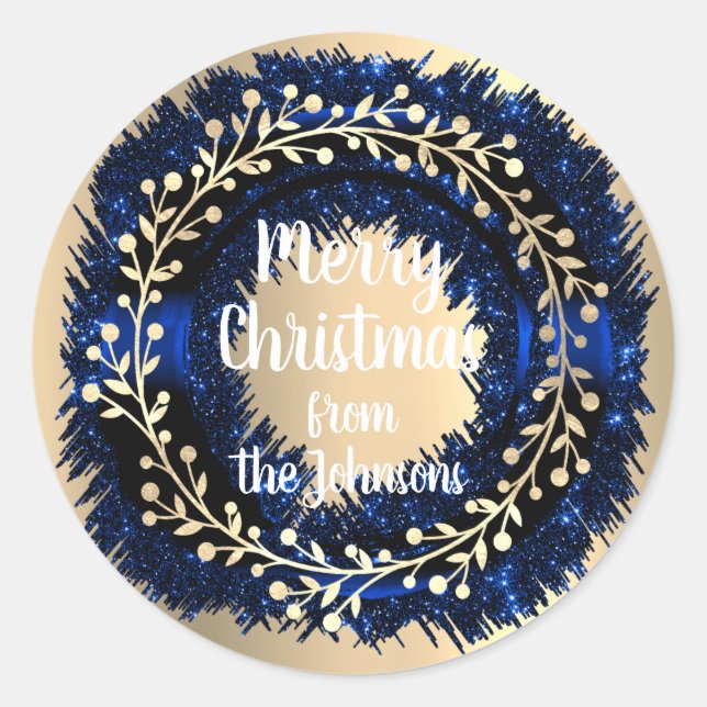 Merry Christmas From Navy Gold Glitter Wreath Classic Round Sticker (Front)