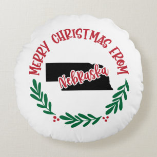 Merry Christmas From Nebraska US Red Green Round Pillow