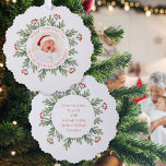 Merry Christmas from New Grandparents Photo Year Ornament Card<br><div class="desc">Merry Christmas from New Grandparents Photo Year. An all-in-one ornament and card for new grandparents to send with a photo of their precious grandchild in the Centre within a circular mask within a circular frame of winter greenery and berries. Easily personaslie the text as required on each side.</div>