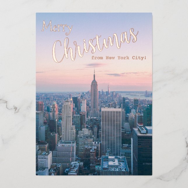 Merry Christmas from New York Skyline Family Photo Foil Holiday Card (Front)