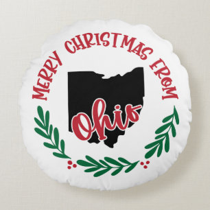 Merry Christmas From Ohio US Red Green White Round Pillow