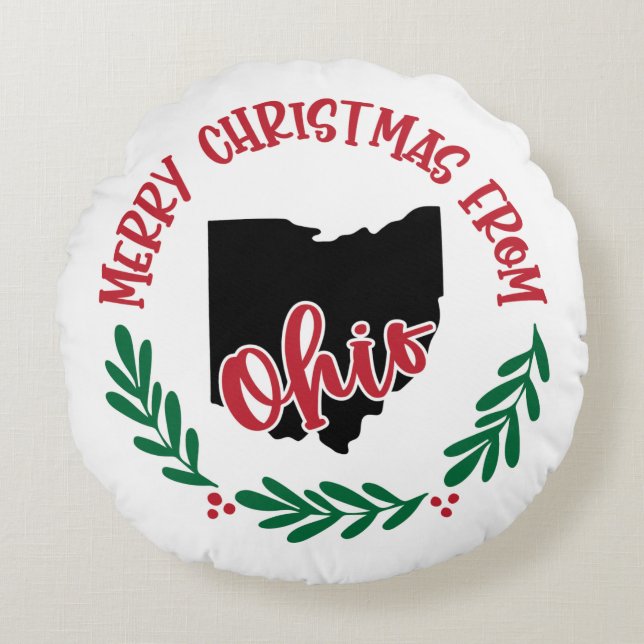 Merry Christmas From Ohio US Red Green White Round Pillow (Front)