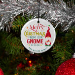Merry Christmas From Our Gnome To Yours Glass Ornament<br><div class="desc">Cute and festive retro typography design with a cute gnome with a text-Merry Christmas from our gnome to yours.</div>