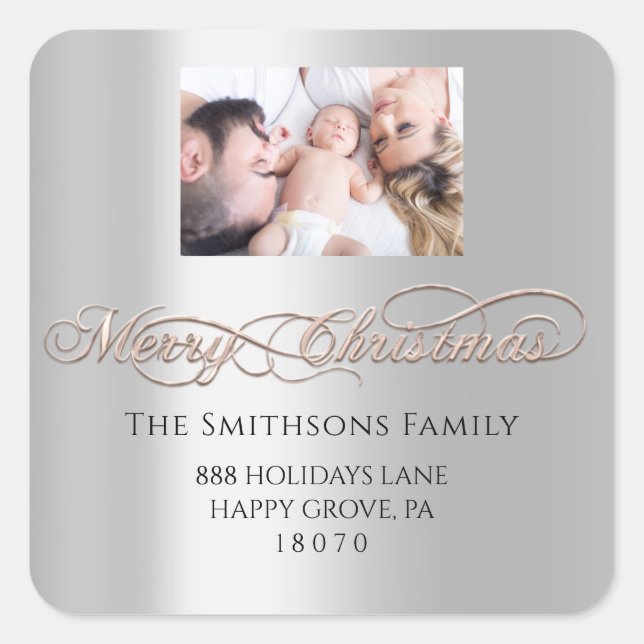 Merry Christmas From RSVP Silver Rose Photo Square Sticker (Front)