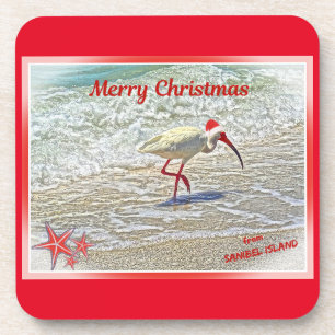Merry Christmas from Sanibel Island FL White Ibis  Coaster