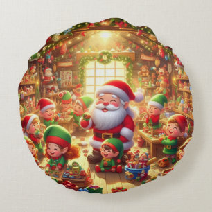 Merry Christmas From Santa and His Elves  Round Pillow