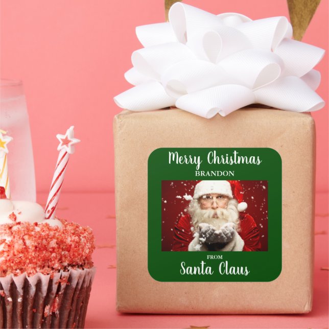 Merry Christmas From Santa Claus ADD NAME Green Square Sticker (Party)