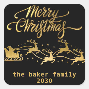 Merry Christmas From Santa Reindeer Sleight Black Square Sticker