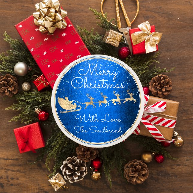Merry Christmas From Santa Reindeer Sleight Blue  Classic Round Sticker (Blue & Gold Wishes 🌟 FlorenceK)