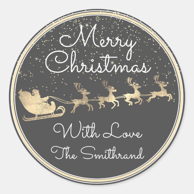 Merry Christmas From Santa Reindeer Sleight Grey Classic Round Sticker (Front)