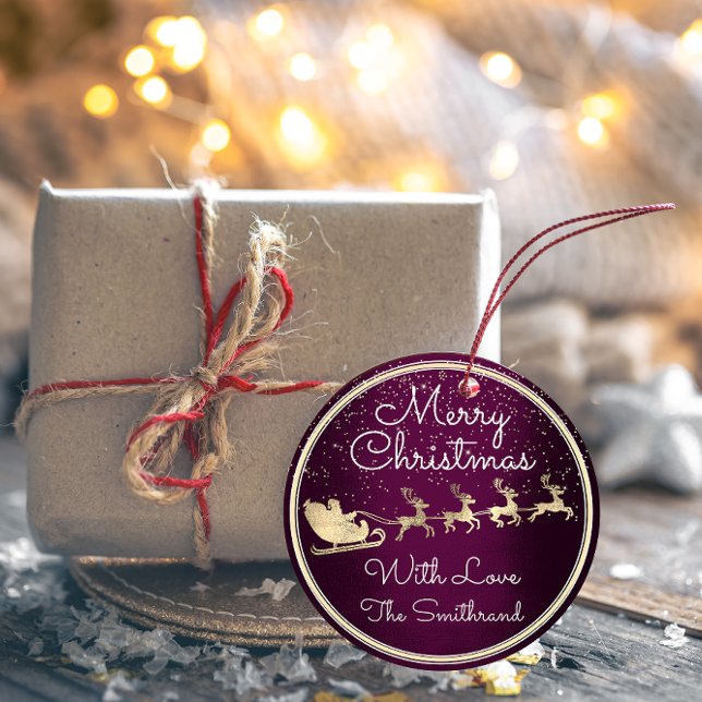 Merry Christmas From Santa Reindeer Sleight Purple Classic Round Sticker (Creator Uploaded)