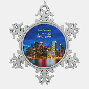 Merry Christmas from Singapore, Snowflake Pewter Christmas Ornament