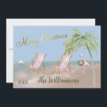 Merry Christmas From the Beach Palm Tree Flamingo Card<br><div class="desc">Merry Christmas on this lovely Watercolor Beach -- peaceful and gentle scene with two beach chairs -- friendly flamingo with lovely wreath -- Palm tree with a few ornaments. Also available in different paper weights -- your selection. Any design questions just send a chat or an email to charmdesignstudio@rcn.com and...</div>