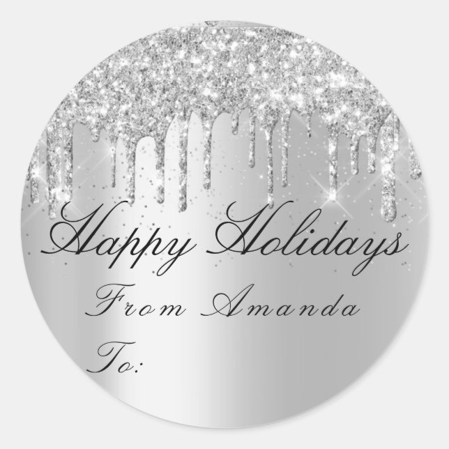 Merry Christmas From To Holidays Spark Grey Glam Classic Round Sticker (Front)
