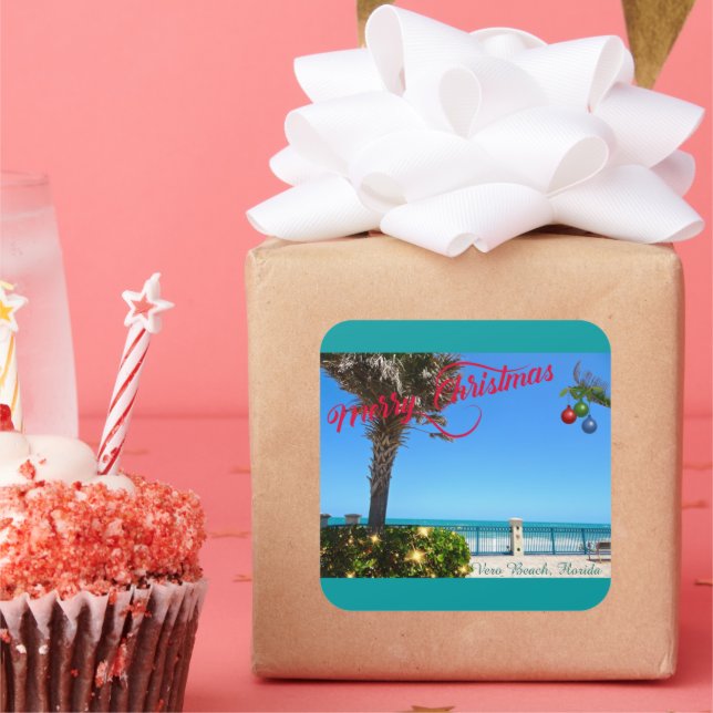 Merry Christmas from Vero Beach Florida Oceanfront Square Sticker (Party)