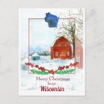 Merry Christmas From Wisconsin Winter Snow Postcard<br><div class="desc">A "Merry Christmas from Wisconsin" postcard decorated with a winter scene featuring a red barn and grain shed with snow on the ground and a frosty sky accented with berry branches illustrated with watercolor.</div>