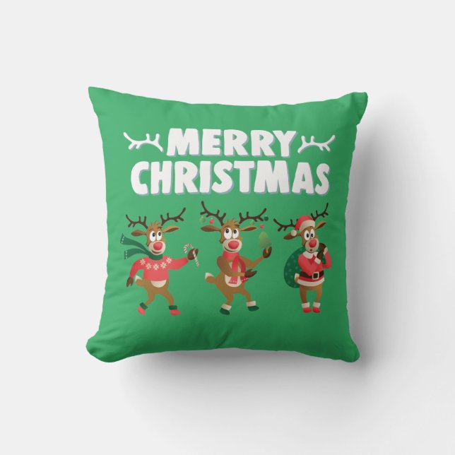 Merry Christmas Fun and Cute Santa's Reindeer Throw Pillow (Front)