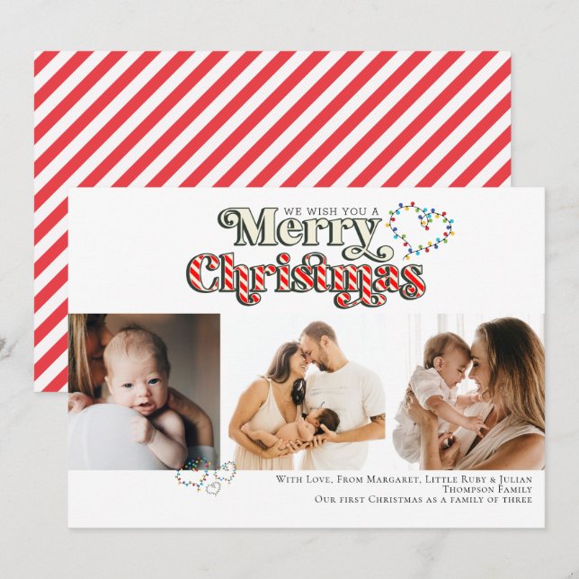 Merry Christmas Fun Candy Cane 3 Photo Red & White Holiday Card (Front/Back)