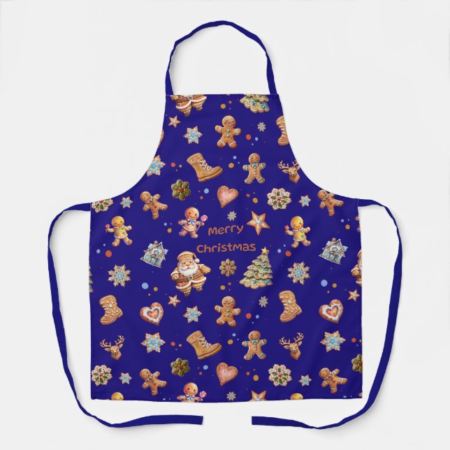 Merry Christmas Fun Cute Gingerbread Navy Apron (Front)