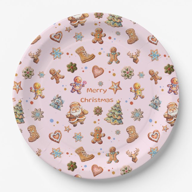 Merry Christmas Fun Cute Gingerbread Pink Paper Plate (Front)