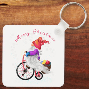 Merry Christmas - Fun Gnome with Bike and Gifts Keychain