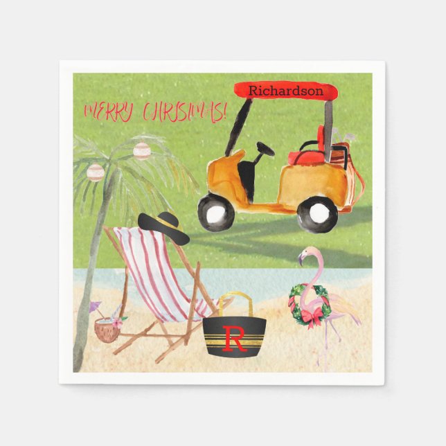 Merry Christmas Fun Golf Beach Flamingo Napkin (Front)