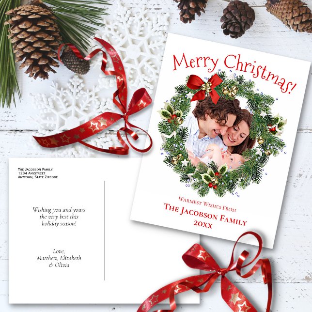 Merry Christmas Fun Holiday Wreath Photo Frame Postcard (In Situ with Decorations)