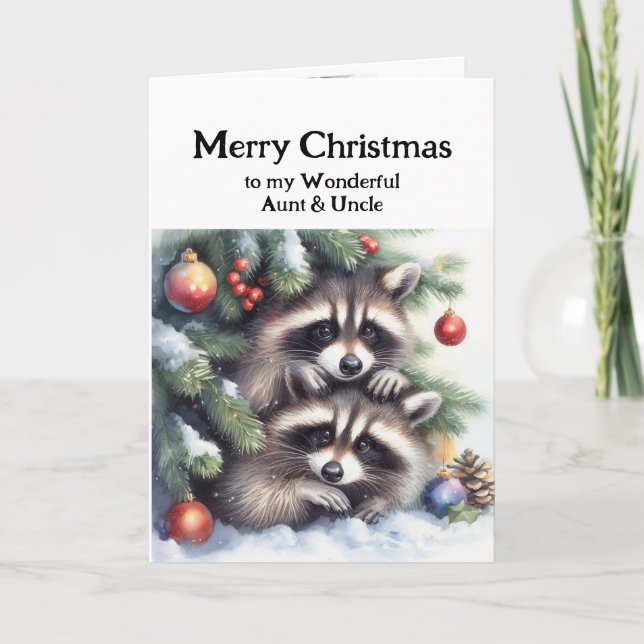 Merry Christmas Fun Raccoons Aunt Uncle Card (Front)