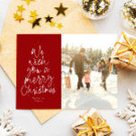 Merry Christmas fun red family photo Holiday Card<br><div class="desc">We wish you a Merry Christmas! This holiday photo card features a classic message in a fun Christmas tree shape on a red background. With a photo on the front and one on the back, it's a great way to send Christmas cheer to friends and family. The playful type treatment...</div>