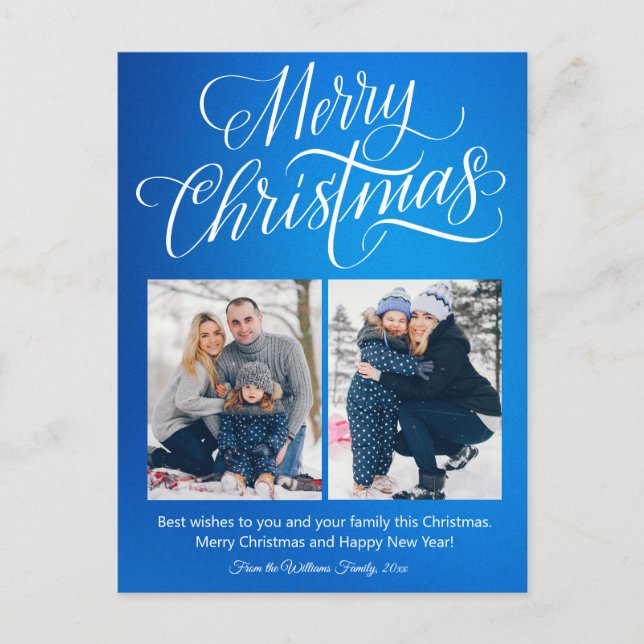 merry christmas fun script 2 photos blue holiday postcard (Front)