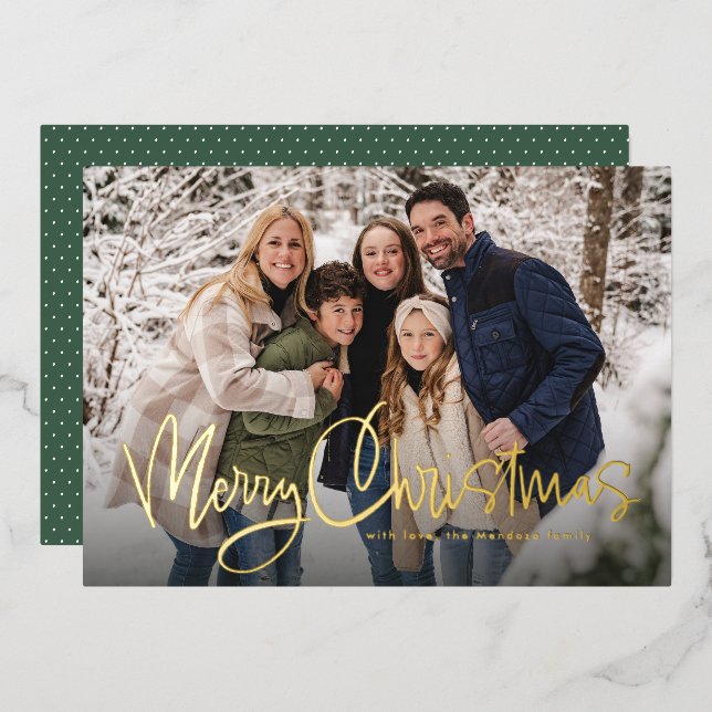 Merry Christmas fun script simple green photo Foil Holiday Card (Front/Back)