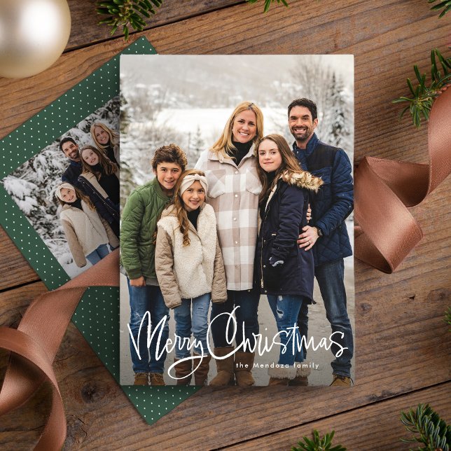 Merry Christmas fun script simple green photo Holiday Card (Creator Uploaded)