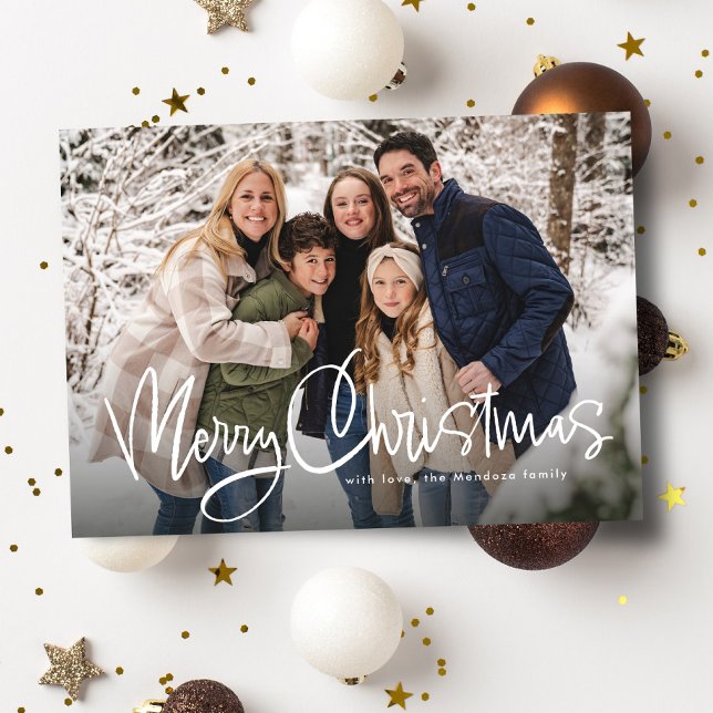 Merry Christmas fun script simple green photo Holiday Card (Creator Uploaded)