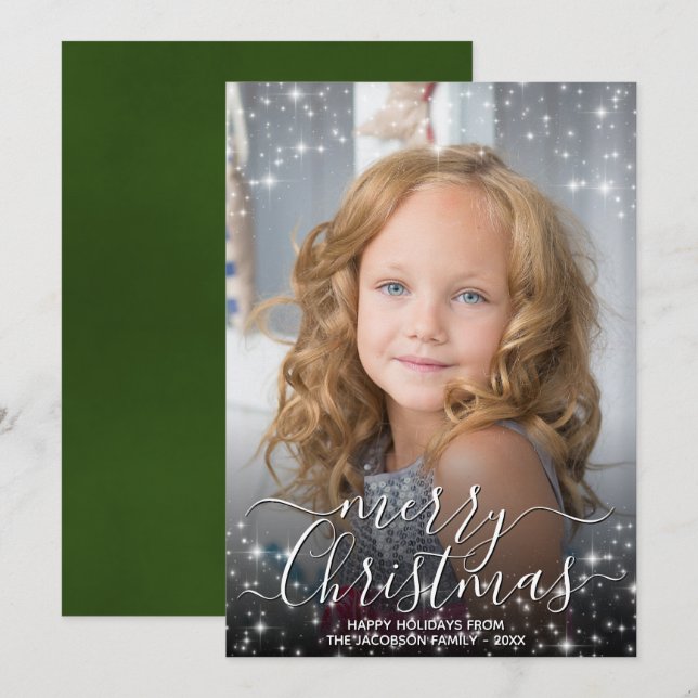 Merry Christmas Fun Sparkles Photo Overlay Green Holiday Card (Front/Back)