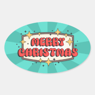 Merry christmas funky text, groovy retro cartoon oval sticker
